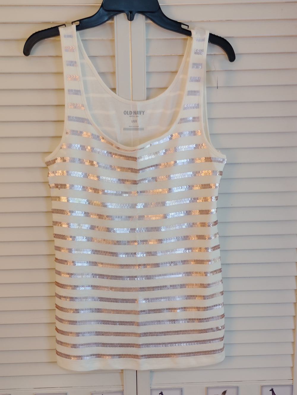 Old Navy White Tank Top with Metallic Sequin Stripes